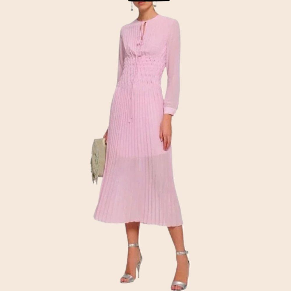 Maje Pink Pleated Geometric Chiffon Midi Dress Size 1